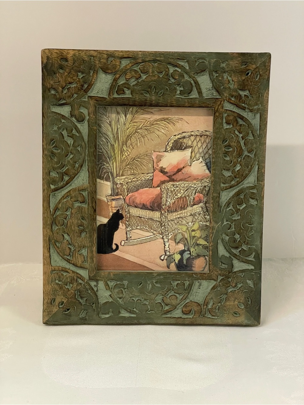 Black Cat Print in Carved Wood Frame. 11 x 6.5 inch. Boho Style Art